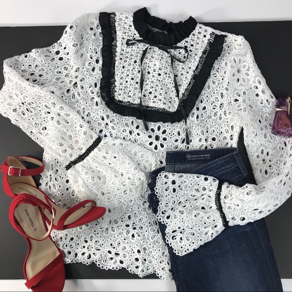 White Eyelet Blouse Ruffle Black Lace Boho Top - Picture 6 of 8